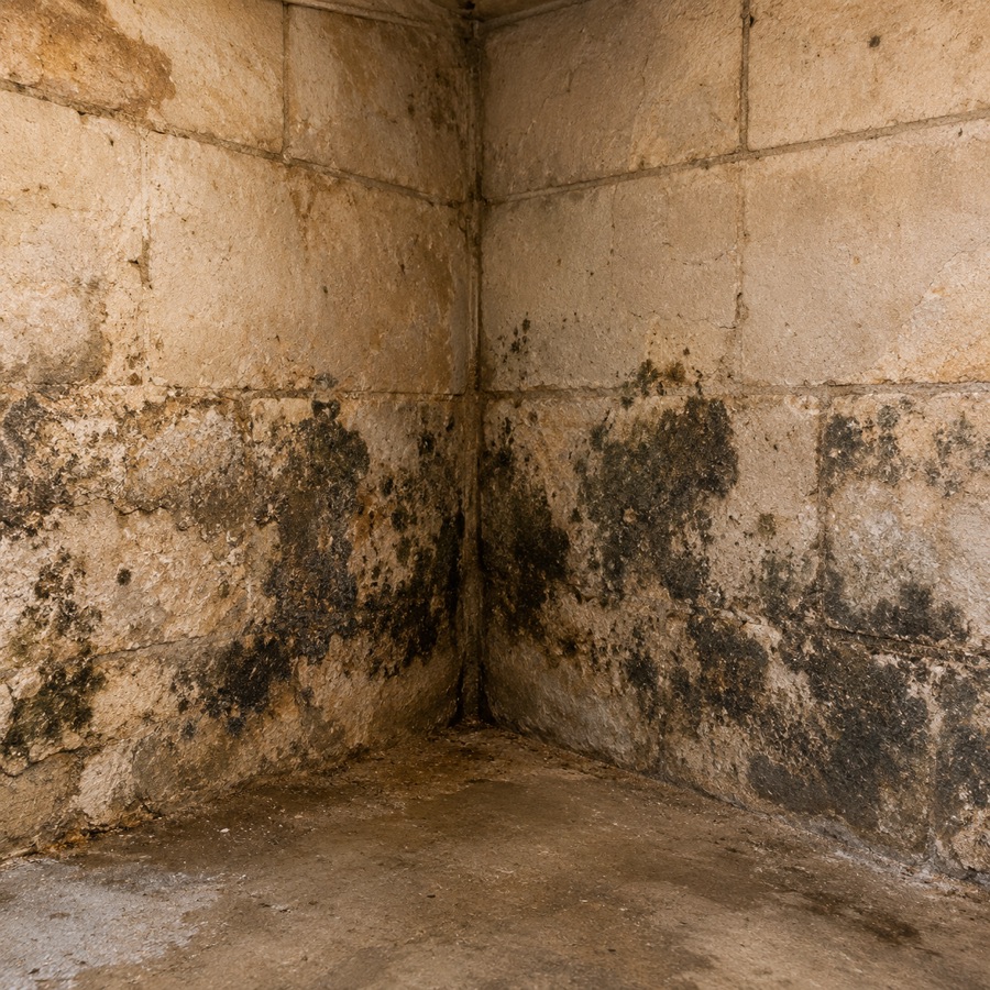 Muro di cantina con umidità e muffa nella parte bassa