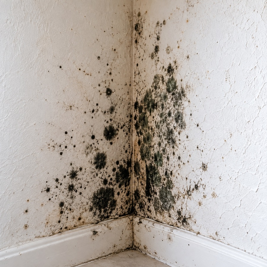 Muffa nera concentrata nello spigolo di due pareti